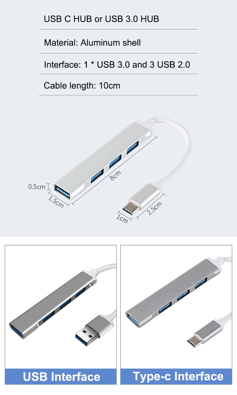 USB-C Hub 3.0/3.1 – 4-Port OTG Splitter Adapter for MacBook, Xiaomi, Lenovo & PCs”