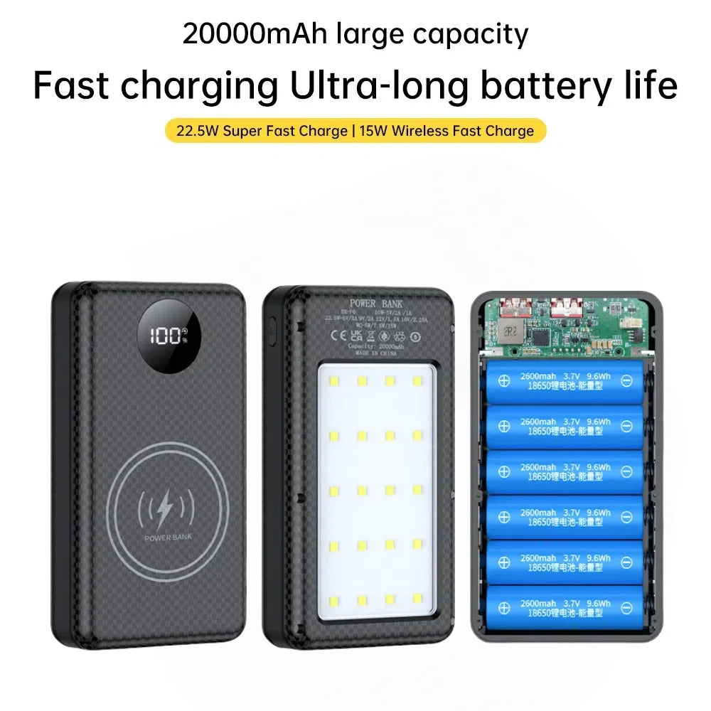 6*18650 20000mAh Power Bank Case 22.5W Fast Charging 15W Wireless Charging Mobile Power Bank Housing Battery Holder For Phone