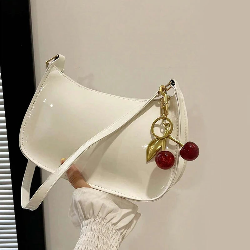Women's Leather Handbag Versatile Fashion Solid Color Cherry Pendant Shoulder Bag Casual Commuting Bag Girl Underarm Bag
