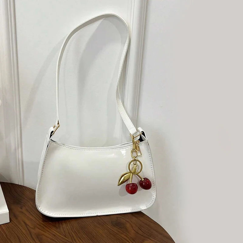 Women's Leather Handbag Versatile Fashion Solid Color Cherry Pendant Shoulder Bag Casual Commuting Bag Girl Underarm Bag