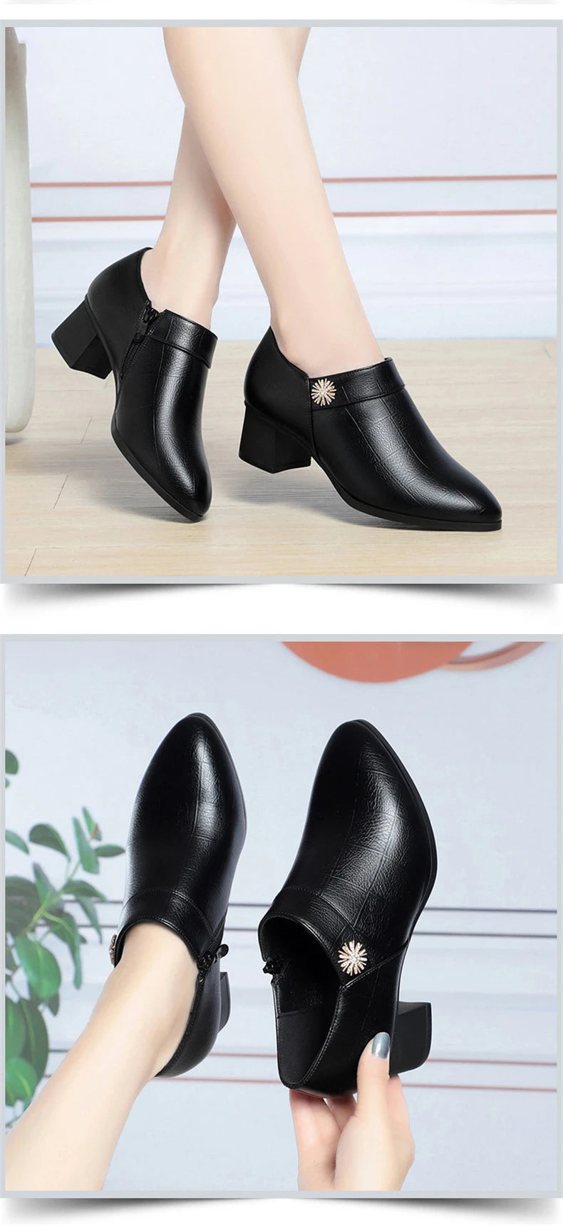 Comfortable Block High Heels Shoes Soft Leather 2024 Spring Autumn Elegant Office Ladies Short Plush Ankle Boots For Mom Model