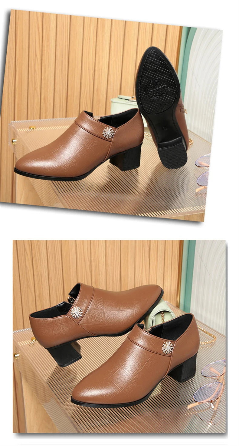 Comfortable Block High Heels Shoes Soft Leather 2024 Spring Autumn Elegant Office Ladies Short Plush Ankle Boots For Mom Model