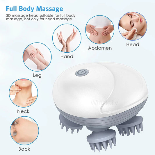 Electric scalp and body massager with kneading and vibration functions, provides deep tissue care for head, shoulder, neck, arms, legs, and pets.