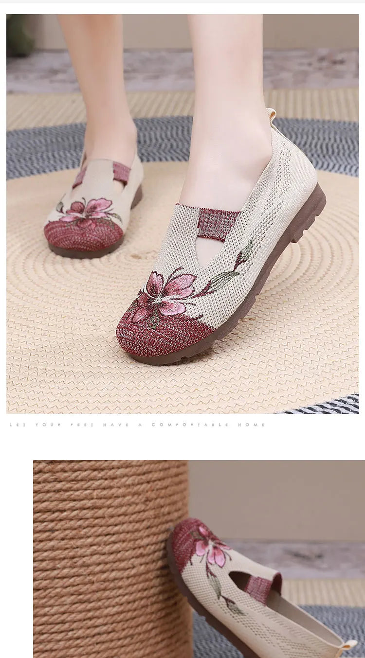 Ladies' summer 2025 breathable soft sole anti-slip mom shoes leisure mesh flat embroidered shoes