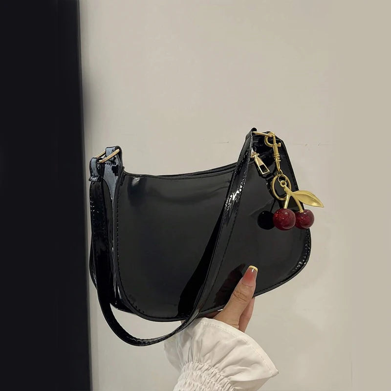 Women's Leather Handbag Versatile Fashion Solid Color Cherry Pendant Shoulder Bag Casual Commuting Bag Girl Underarm Bag
