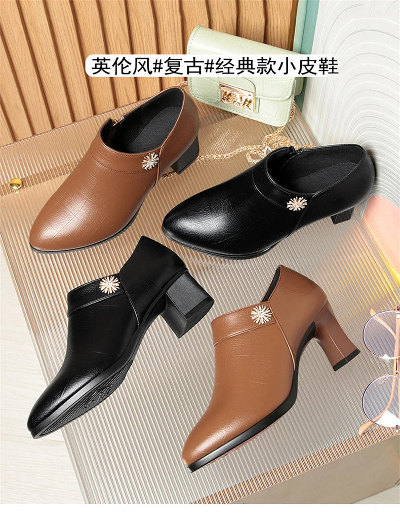 Comfortable Block High Heels Shoes Soft Leather 2024 Spring Autumn Elegant Office Ladies Short Plush Ankle Boots For Mom Model