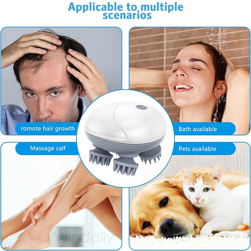 Electric scalp and body massager with kneading and vibration functions, provides deep tissue care for head, shoulder, neck, arms, legs, and pets.