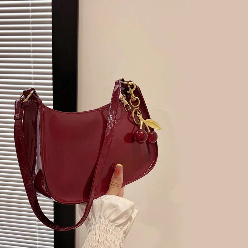 Women's Leather Handbag Versatile Fashion Solid Color Cherry Pendant Shoulder Bag Casual Commuting Bag Girl Underarm Bag