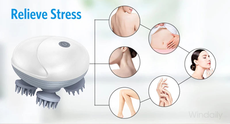 Electric scalp and body massager with kneading and vibration functions, provides deep tissue care for head, shoulder, neck, arms, legs, and pets.