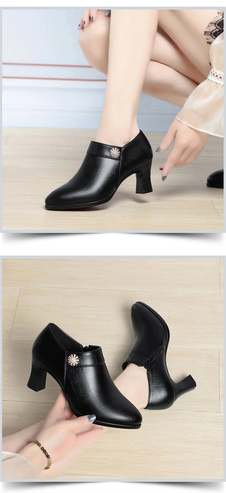 Comfortable Block High Heels Shoes Soft Leather 2024 Spring Autumn Elegant Office Ladies Short Plush Ankle Boots For Mom Model