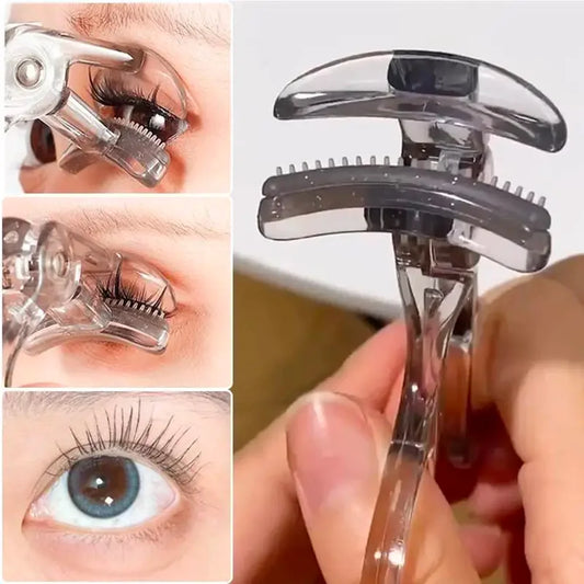Portable eyelash curler with integrated comb, wide clip design, shaping tool for natural, lasting curl. Compact beauty accessory ensures effortless styling and professional grooming results.