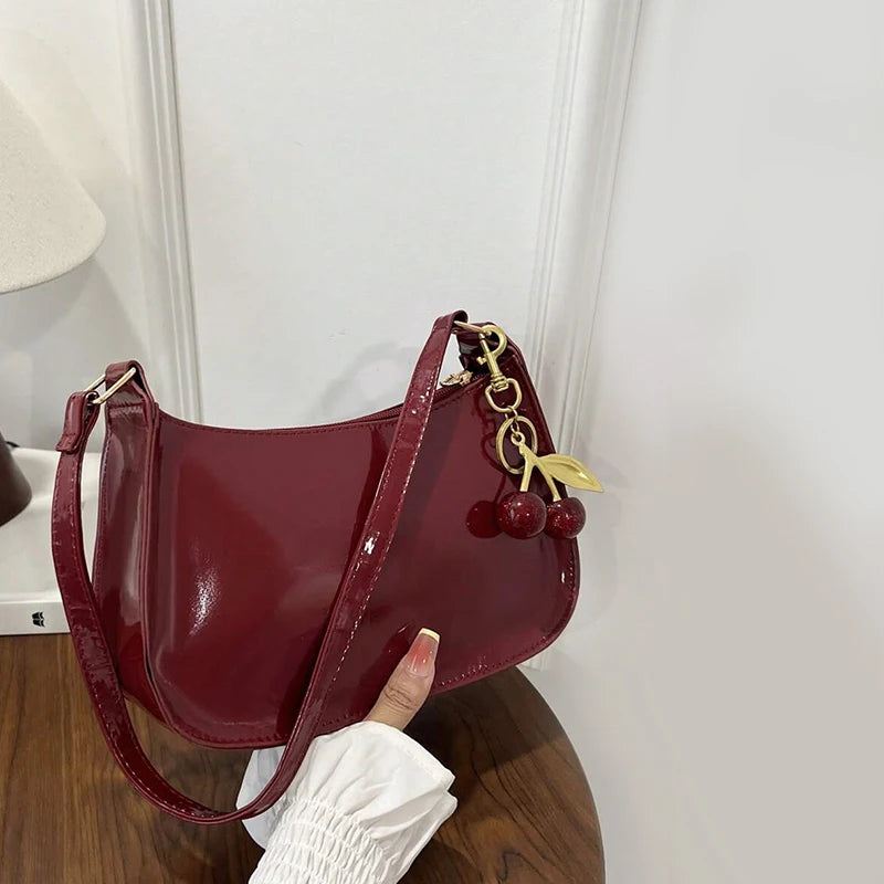 Women's Leather Handbag Versatile Fashion Solid Color Cherry Pendant Shoulder Bag Casual Commuting Bag Girl Underarm Bag