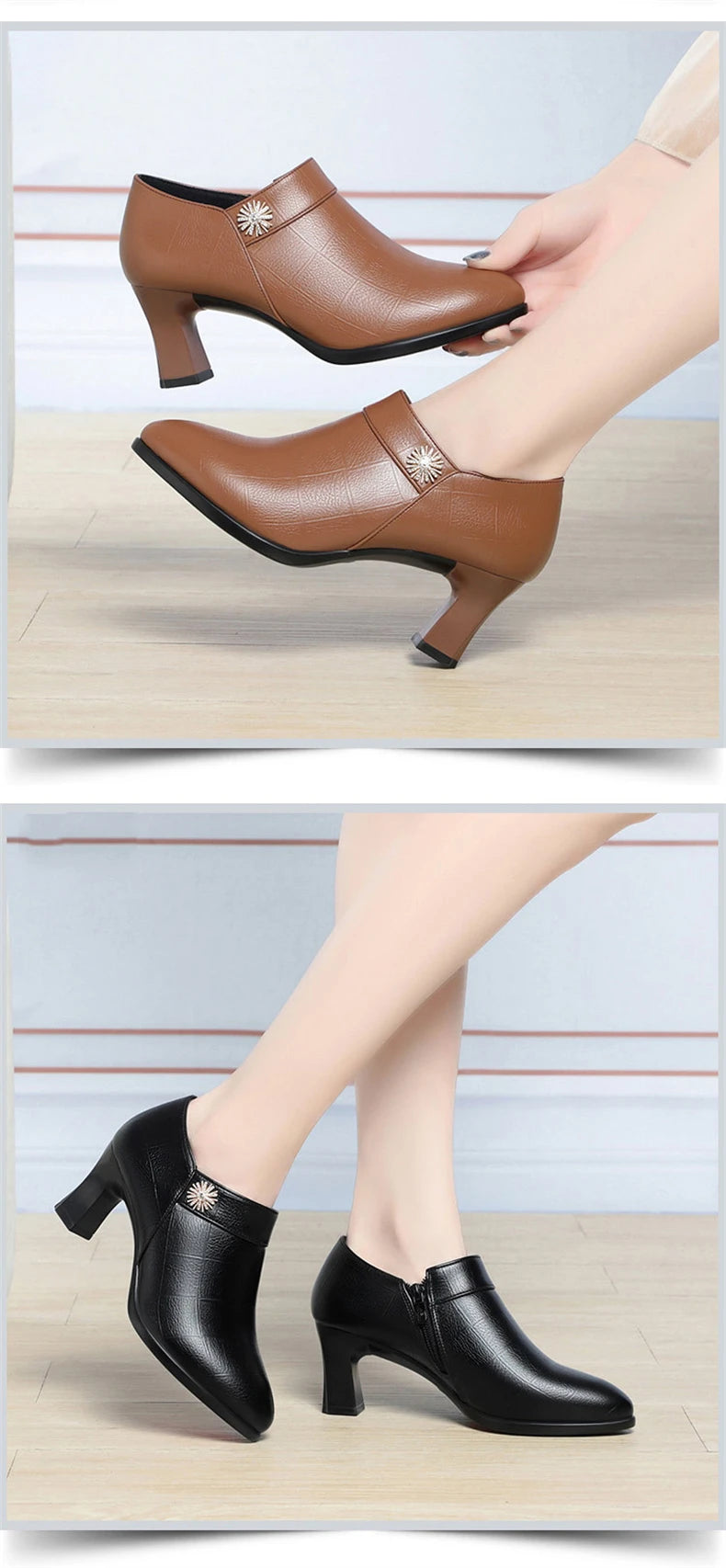 Comfortable Block High Heels Shoes Soft Leather 2024 Spring Autumn Elegant Office Ladies Short Plush Ankle Boots For Mom Model