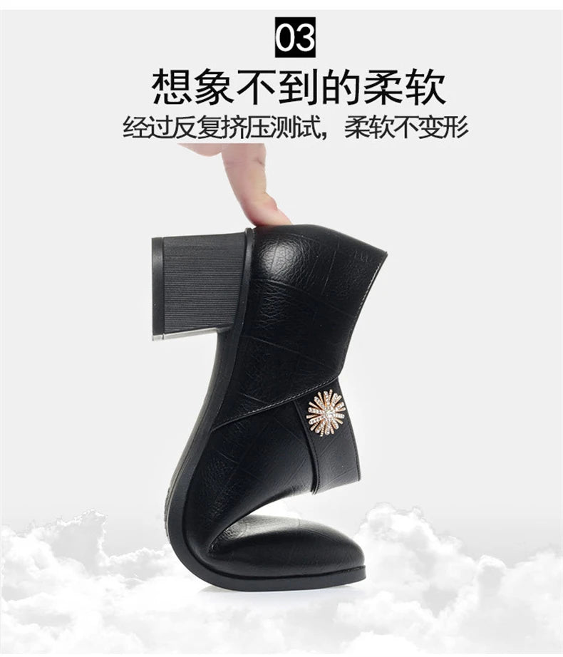 Comfortable Block High Heels Shoes Soft Leather 2024 Spring Autumn Elegant Office Ladies Short Plush Ankle Boots For Mom Model
