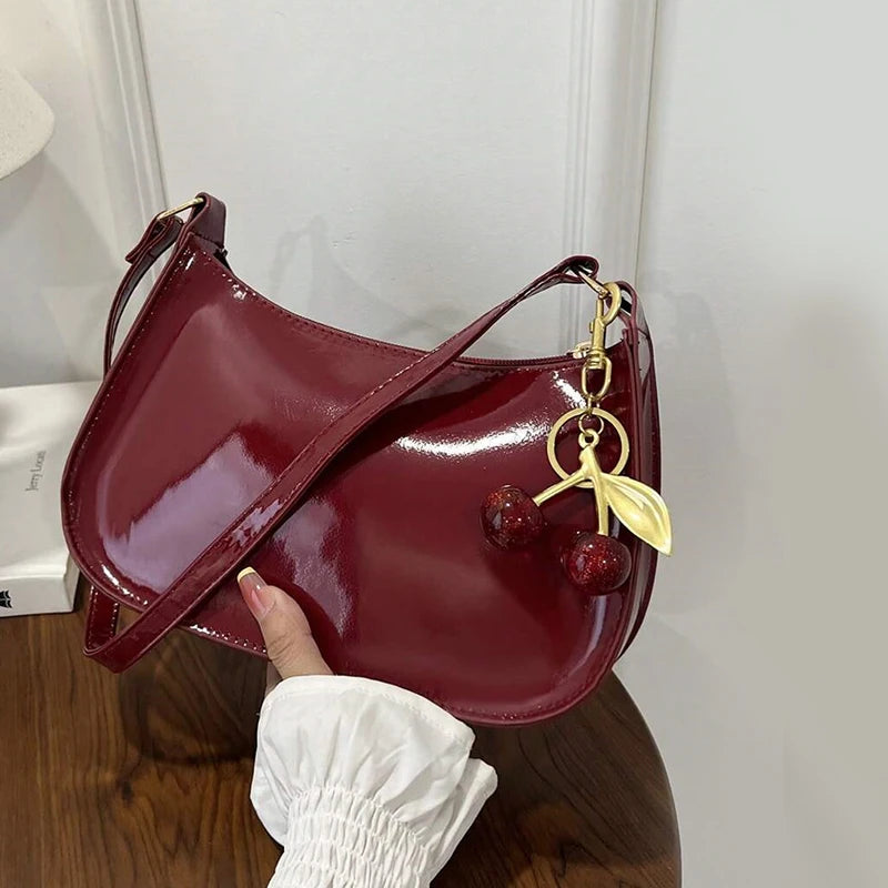 Women's Leather Handbag Versatile Fashion Solid Color Cherry Pendant Shoulder Bag Casual Commuting Bag Girl Underarm Bag