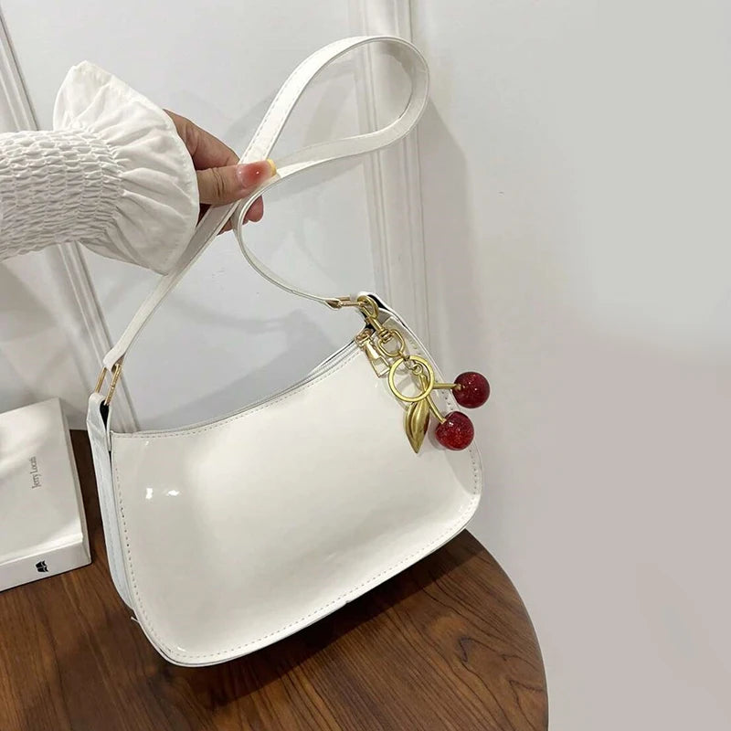 Women's Leather Handbag Versatile Fashion Solid Color Cherry Pendant Shoulder Bag Casual Commuting Bag Girl Underarm Bag