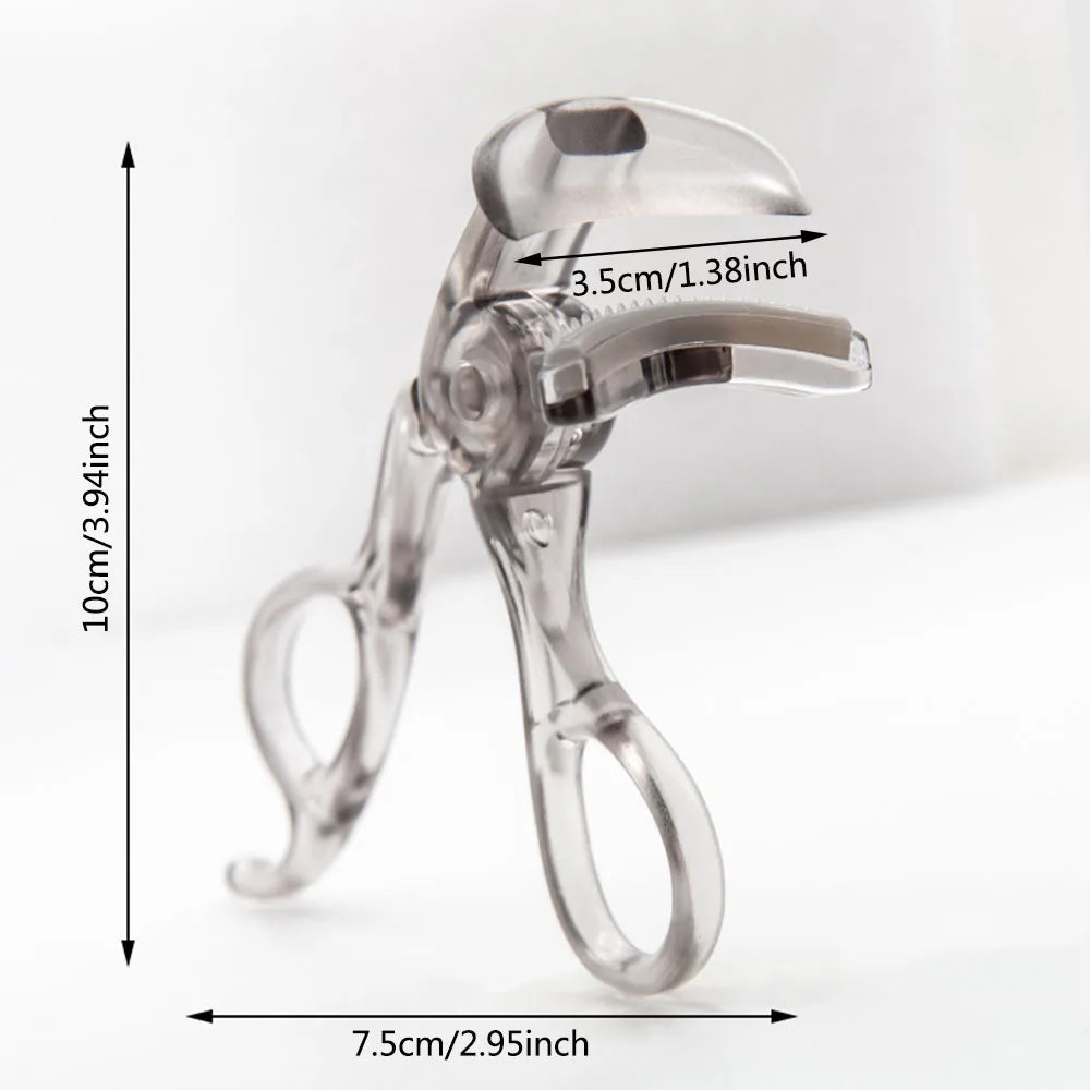 Portable eyelash curler with integrated comb, wide clip design, shaping tool for natural, lasting curl. Compact beauty accessory ensures effortless styling and professional grooming results.