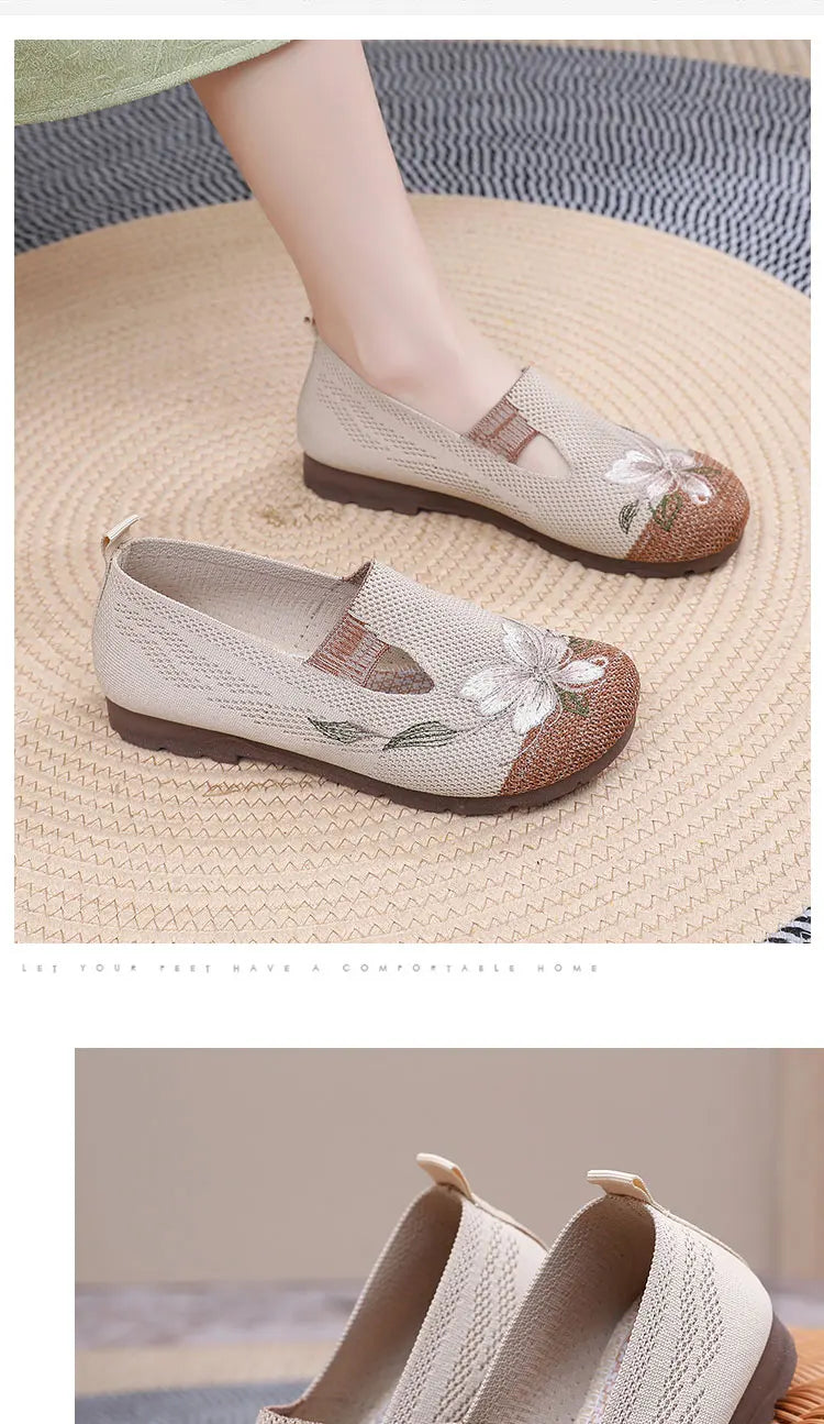 Ladies' summer 2025 breathable soft sole anti-slip mom shoes leisure mesh flat embroidered shoes