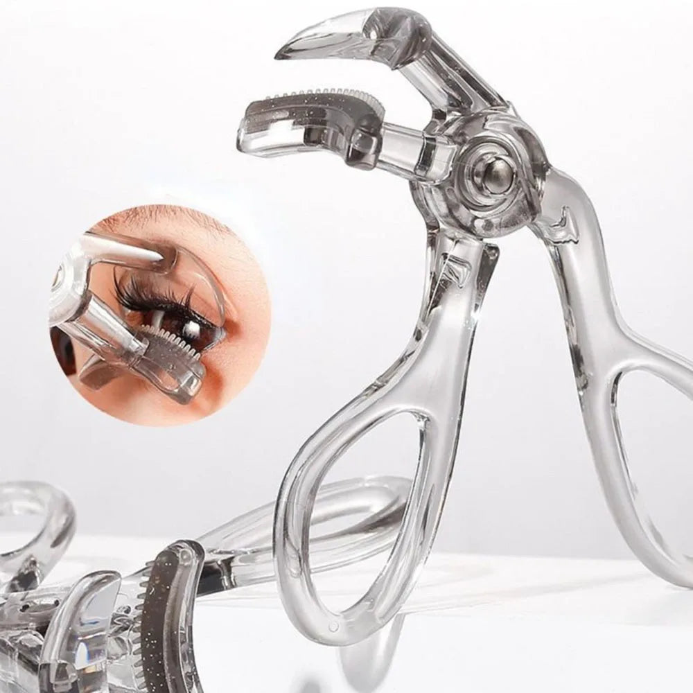 Portable eyelash curler with integrated comb, wide clip design, shaping tool for natural, lasting curl. Compact beauty accessory ensures effortless styling and professional grooming results.