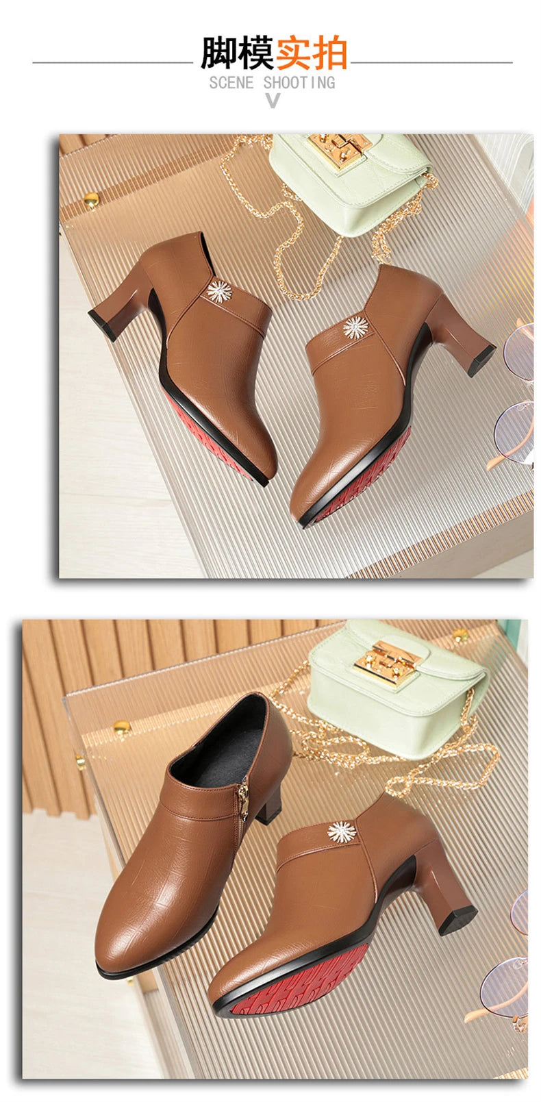 Comfortable Block High Heels Shoes Soft Leather 2024 Spring Autumn Elegant Office Ladies Short Plush Ankle Boots For Mom Model