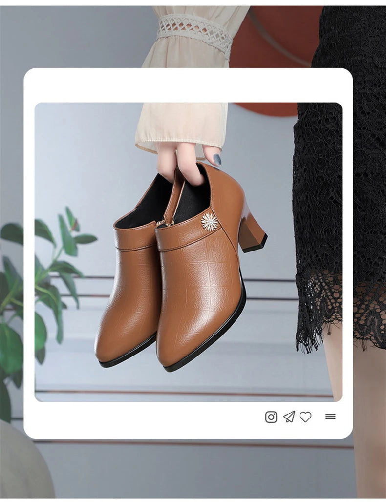 Comfortable Block High Heels Shoes Soft Leather 2024 Spring Autumn Elegant Office Ladies Short Plush Ankle Boots For Mom Model