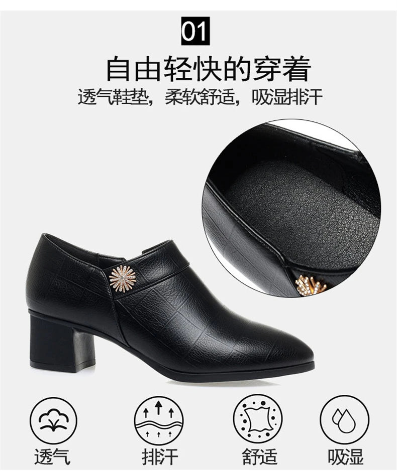 Comfortable Block High Heels Shoes Soft Leather 2024 Spring Autumn Elegant Office Ladies Short Plush Ankle Boots For Mom Model