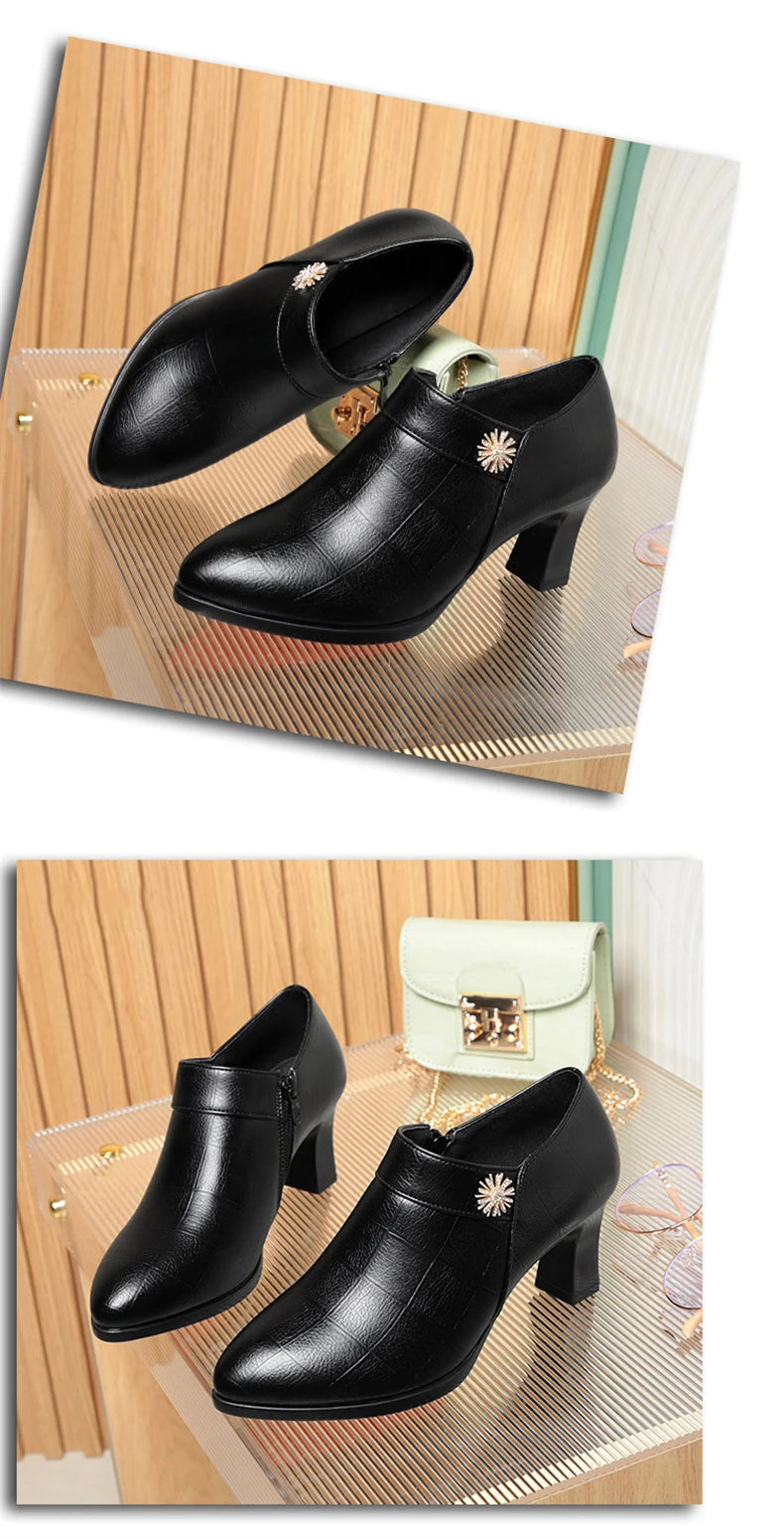 Comfortable Block High Heels Shoes Soft Leather 2024 Spring Autumn Elegant Office Ladies Short Plush Ankle Boots For Mom Model