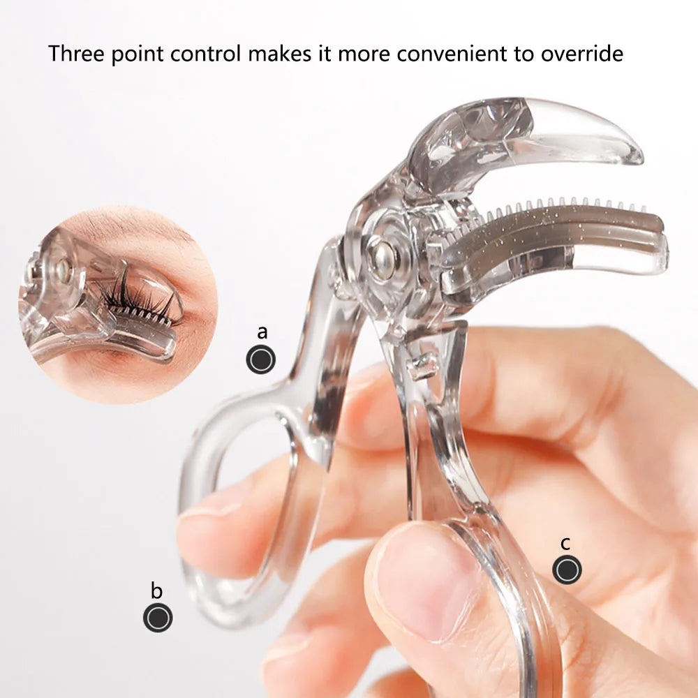 Portable eyelash curler with integrated comb, wide clip design, shaping tool for natural, lasting curl. Compact beauty accessory ensures effortless styling and professional grooming results.