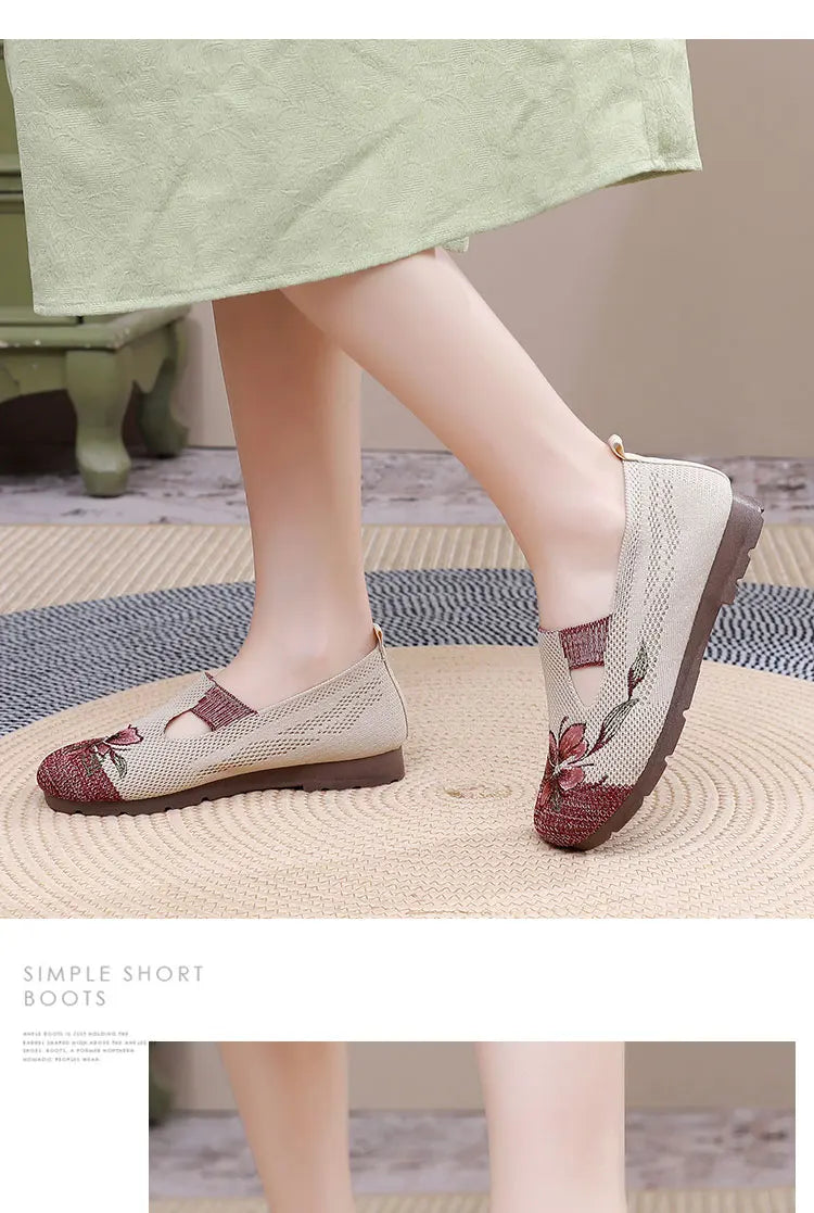 Ladies' summer 2025 breathable soft sole anti-slip mom shoes leisure mesh flat embroidered shoes