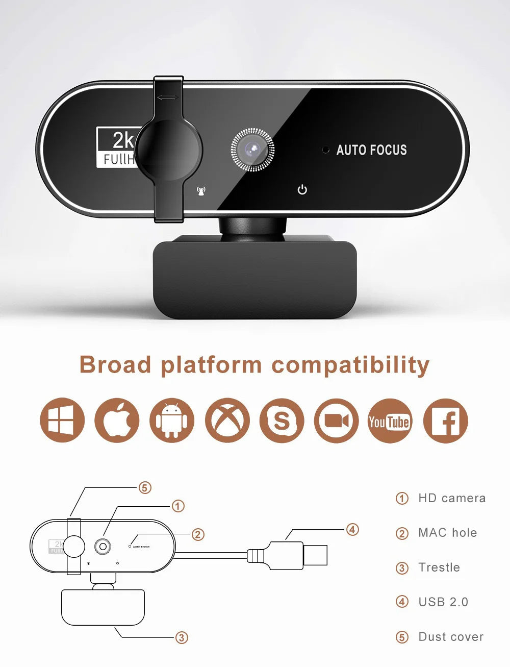 4K Webcam with 2K Autofocus & Built-in Microphone – Full HD 1080P Streaming Camera for PC/Laptop