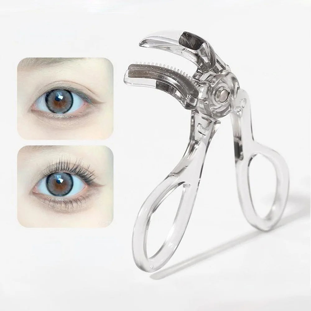 Portable eyelash curler with integrated comb, wide clip design, shaping tool for natural, lasting curl. Compact beauty accessory ensures effortless styling and professional grooming results.