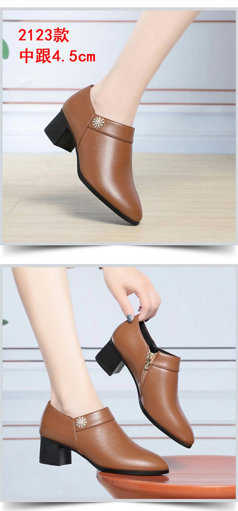 Comfortable Block High Heels Shoes Soft Leather 2024 Spring Autumn Elegant Office Ladies Short Plush Ankle Boots For Mom Model