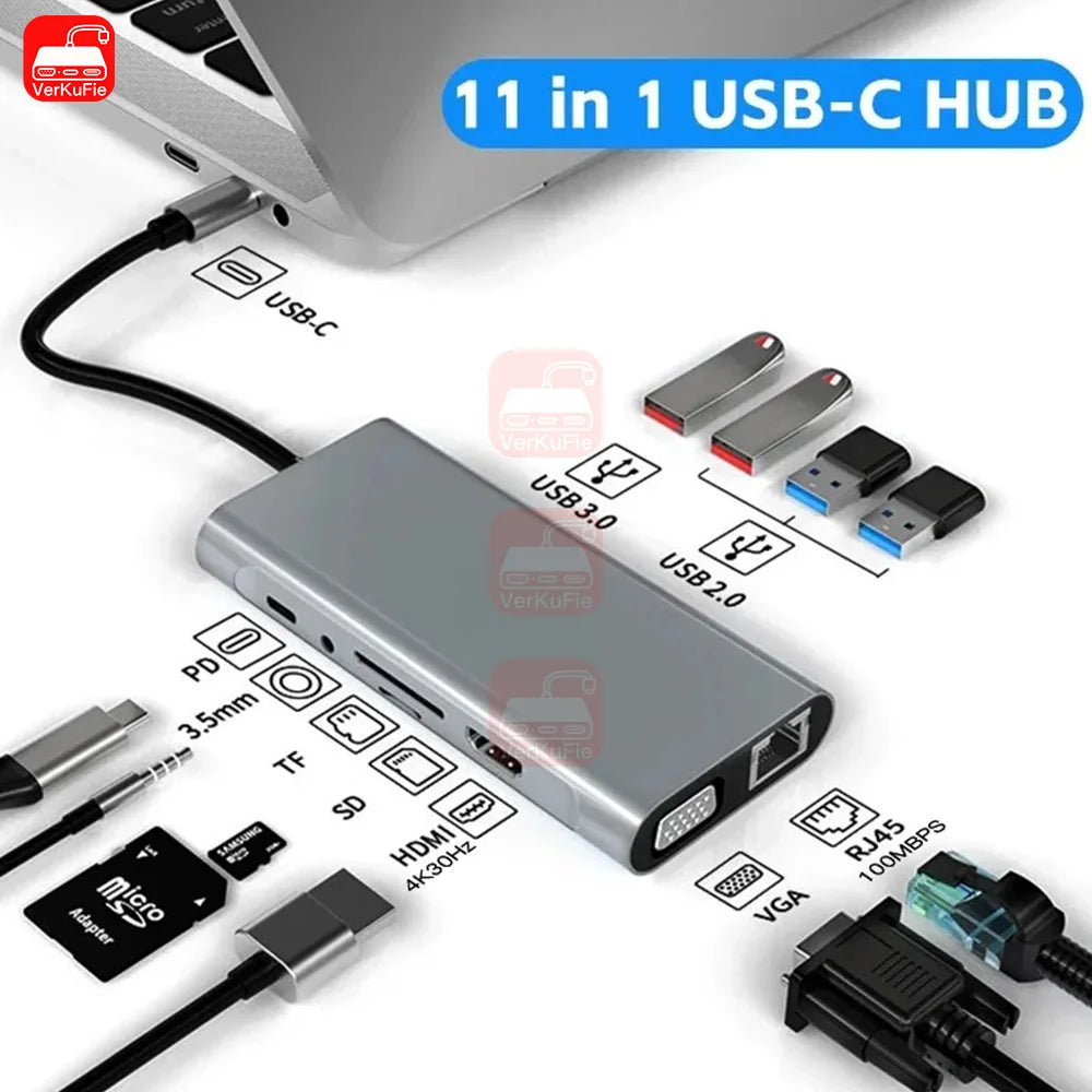 USB‑C Hub 11‑in‑1 Dock – 4K HDMI (30Hz), PD 87W, USB 3.0 Splitter for MacBook Pro/Air