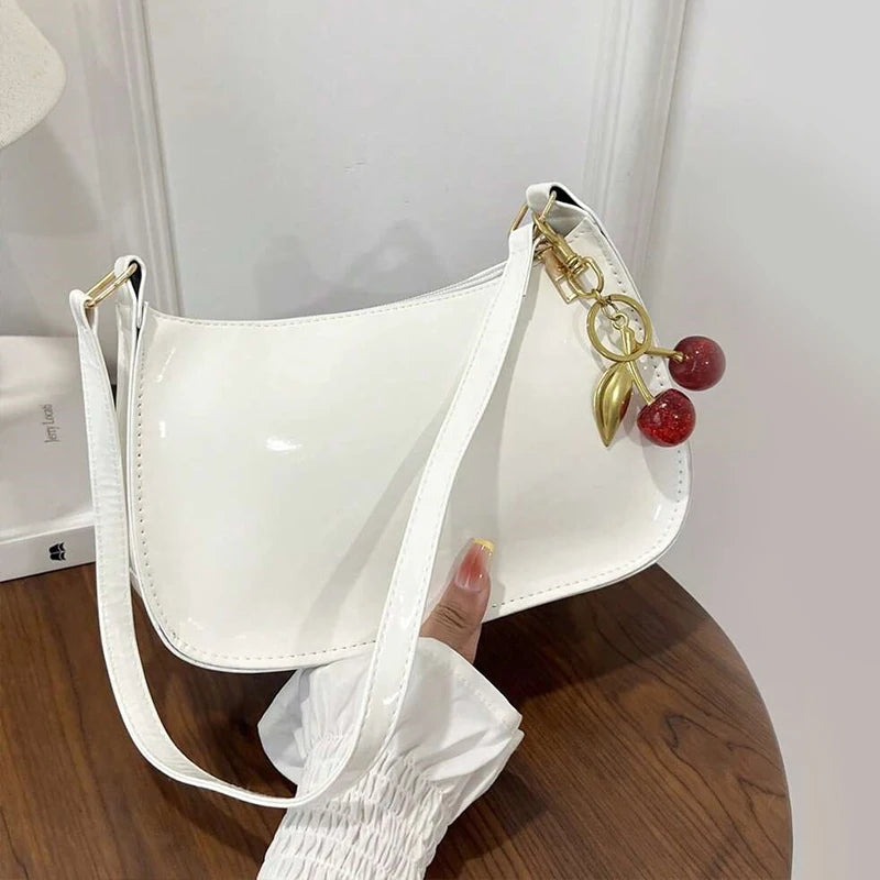 Women's Leather Handbag Versatile Fashion Solid Color Cherry Pendant Shoulder Bag Casual Commuting Bag Girl Underarm Bag