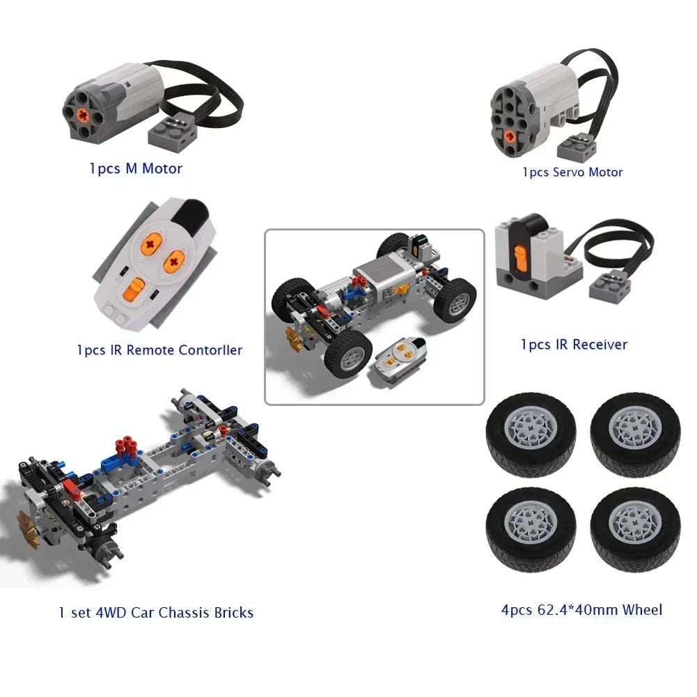 4WD RC Car Chassis Kit – Electric Drive with IR Remote & LEGO-Compatible MOC Parts
