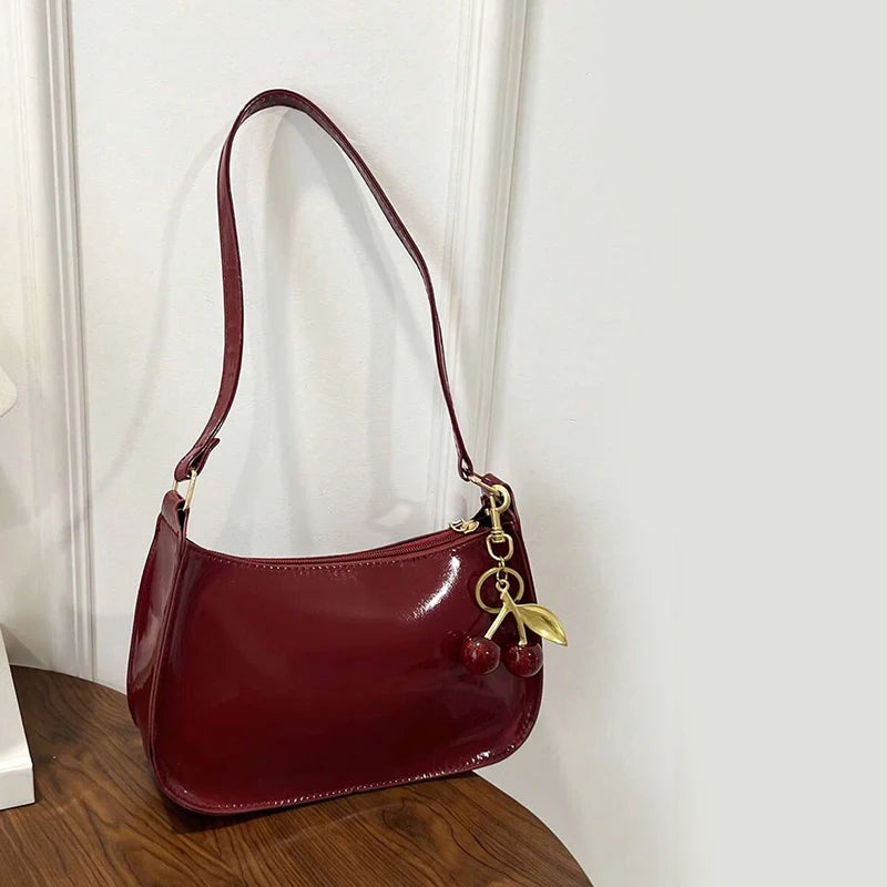 Women's Leather Handbag Versatile Fashion Solid Color Cherry Pendant Shoulder Bag Casual Commuting Bag Girl Underarm Bag