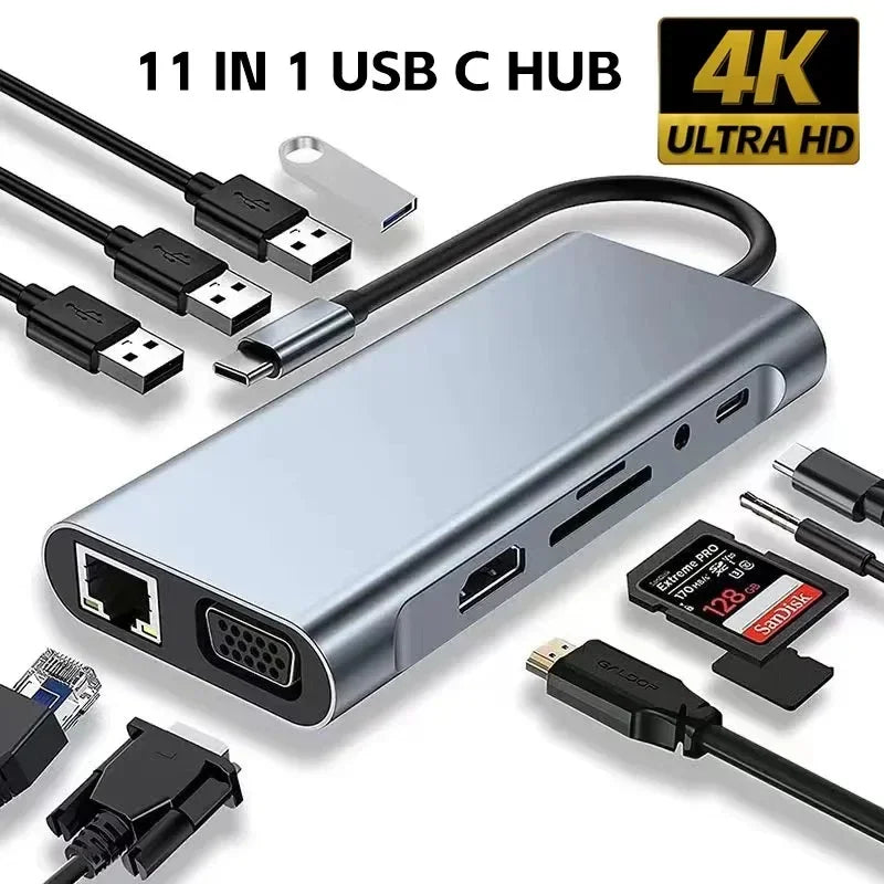 USB‑C Hub 11‑in‑1 Dock – 4K HDMI (30Hz), PD 87W, USB 3.0 Splitter for MacBook Pro/Air