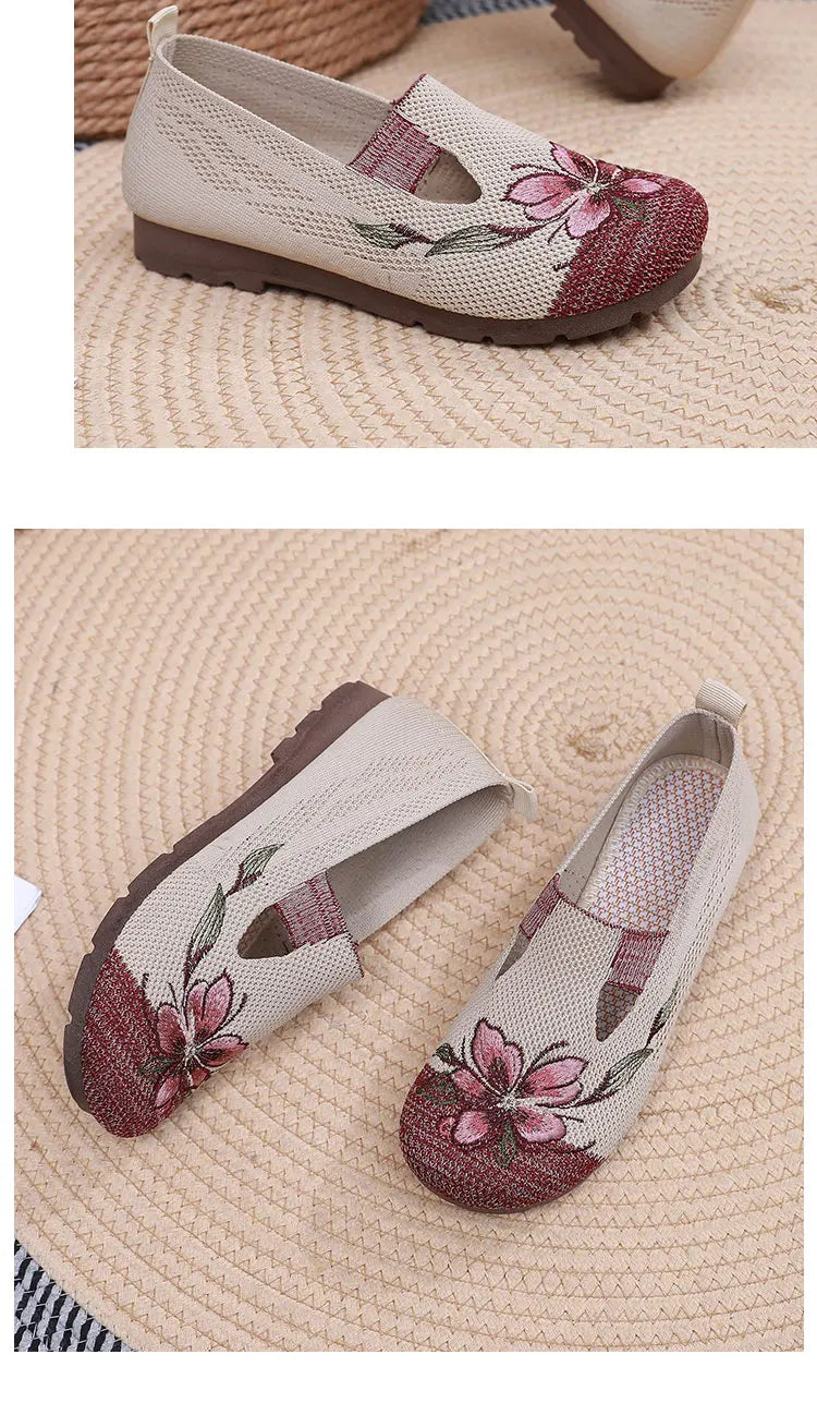 Ladies' summer 2025 breathable soft sole anti-slip mom shoes leisure mesh flat embroidered shoes