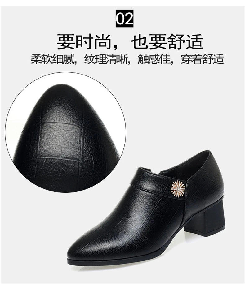 Comfortable Block High Heels Shoes Soft Leather 2024 Spring Autumn Elegant Office Ladies Short Plush Ankle Boots For Mom Model