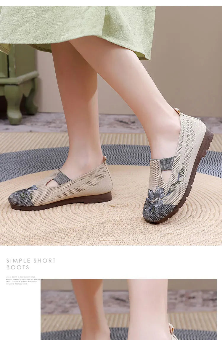 Ladies' summer 2025 breathable soft sole anti-slip mom shoes leisure mesh flat embroidered shoes