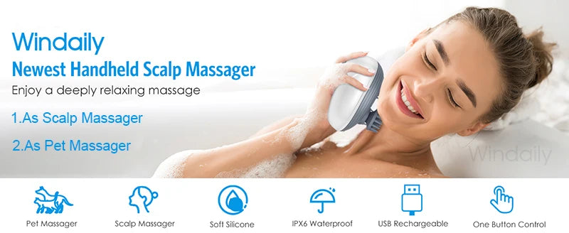 Electric scalp and body massager with kneading and vibration functions, provides deep tissue care for head, shoulder, neck, arms, legs, and pets.