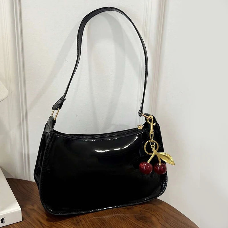 Women's Leather Handbag Versatile Fashion Solid Color Cherry Pendant Shoulder Bag Casual Commuting Bag Girl Underarm Bag
