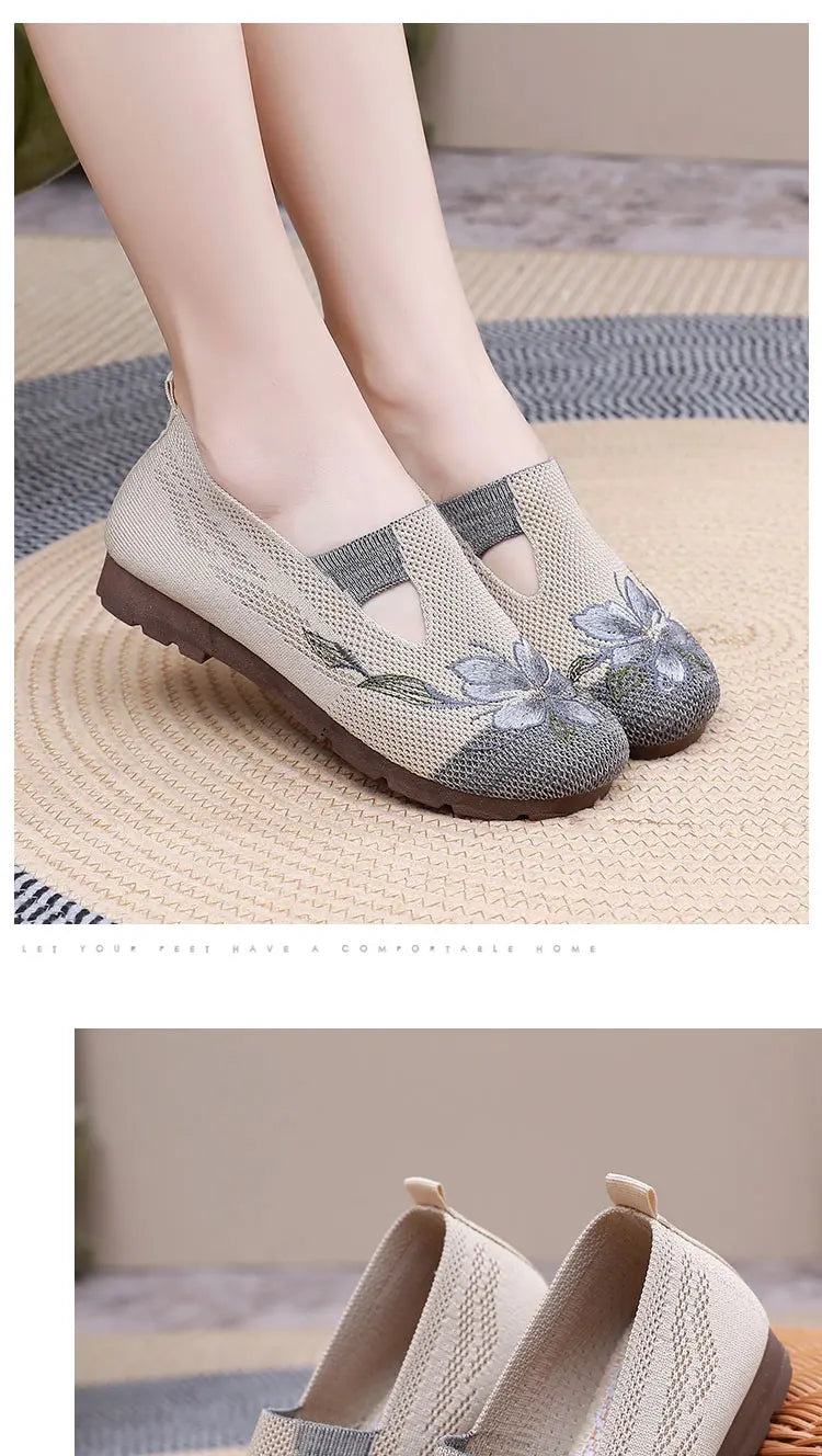 Ladies' summer 2025 breathable soft sole anti-slip mom shoes leisure mesh flat embroidered shoes