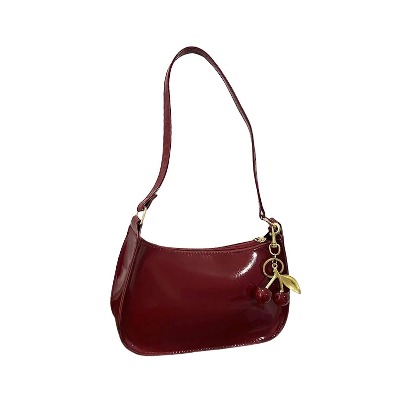 Women's Leather Handbag Versatile Fashion Solid Color Cherry Pendant Shoulder Bag Casual Commuting Bag Girl Underarm Bag