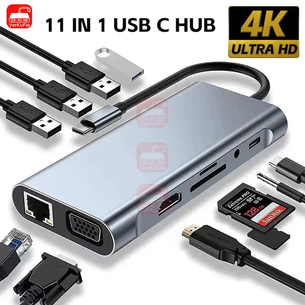 USB‑C Hub 11‑in‑1 Dock – 4K HDMI (30Hz), PD 87W, USB 3.0 Splitter for MacBook Pro/Air