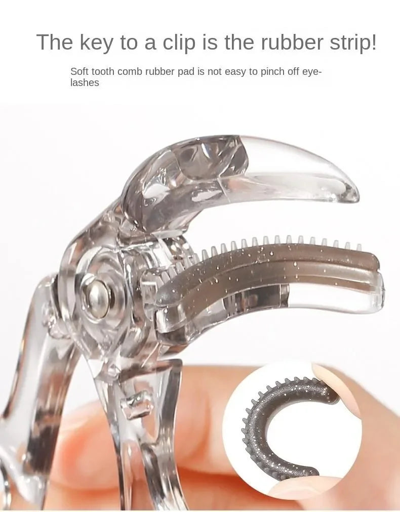 Portable eyelash curler with integrated comb, wide clip design, shaping tool for natural, lasting curl. Compact beauty accessory ensures effortless styling and professional grooming results.