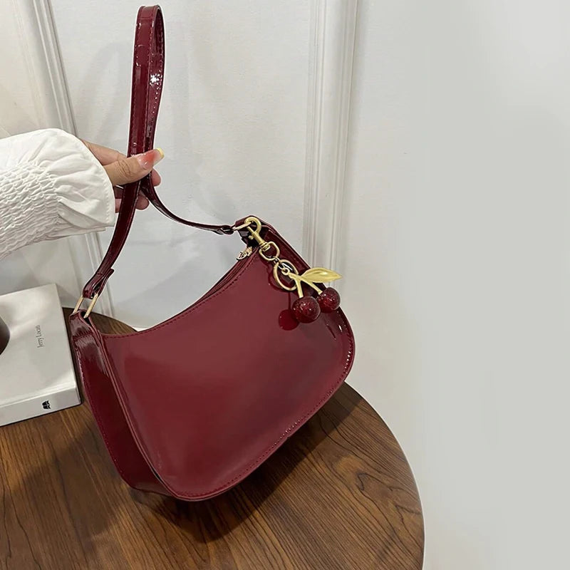 Women's Leather Handbag Versatile Fashion Solid Color Cherry Pendant Shoulder Bag Casual Commuting Bag Girl Underarm Bag