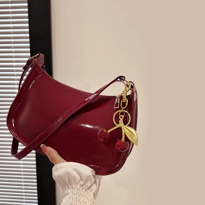 Women's Leather Handbag Versatile Fashion Solid Color Cherry Pendant Shoulder Bag Casual Commuting Bag Girl Underarm Bag