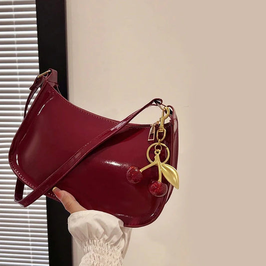 Women's Leather Handbag Versatile Fashion Solid Color Cherry Pendant Shoulder Bag Casual Commuting Bag Girl Underarm Bag