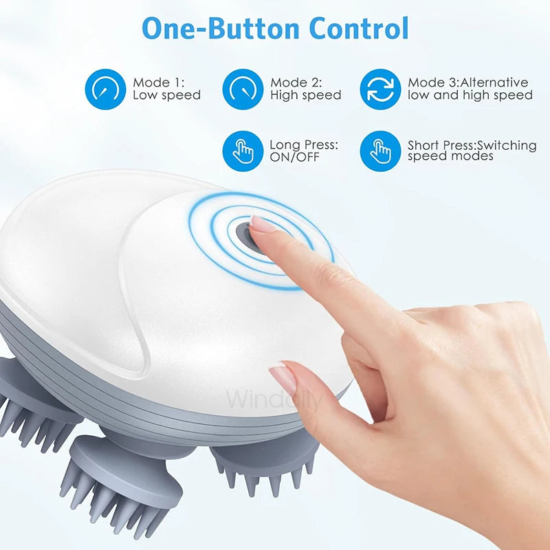 Electric scalp and body massager with kneading and vibration functions, provides deep tissue care for head, shoulder, neck, arms, legs, and pets.